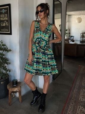 Plenty by Tracy Reese Green Multicolor V-Neck Fit & Flare Dress